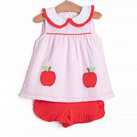 Time for School Seersucker Applique Ruffle Short Set, Pink