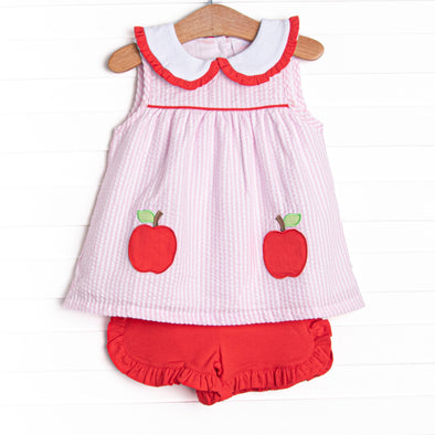 Time for School Seersucker Applique Ruffle Short Set, Pink