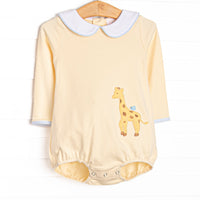 This bubble features a yellow knit material, a peter pan collar, and a giraffe applique.