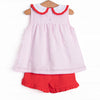 Time for School Seersucker Applique Ruffle Short Set, Pink