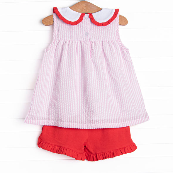 Time for School Seersucker Applique Ruffle Short Set, Pink