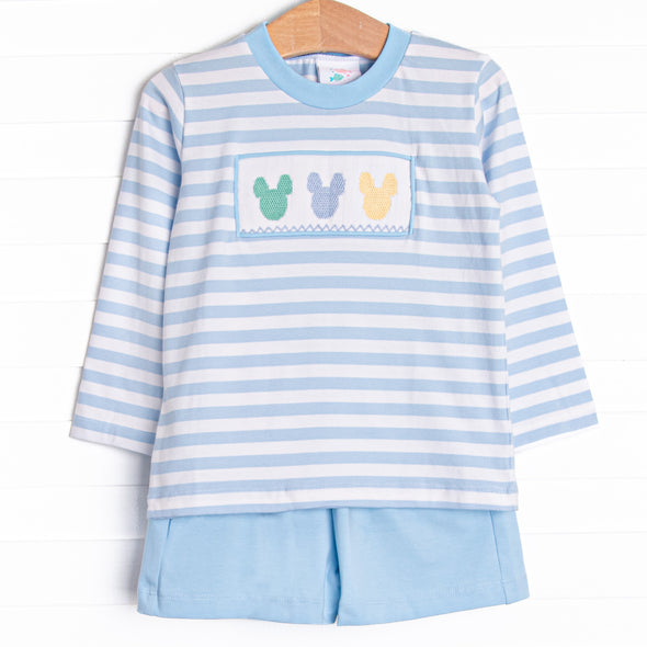 Multicolored Mouse Smocked Short Set, Blue