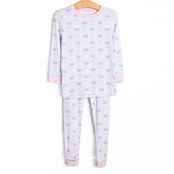Blue Crab Bows Bamboo Pajama Set, Pink