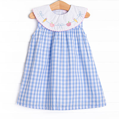 Back to School Banner Embroidered Dress, Blue