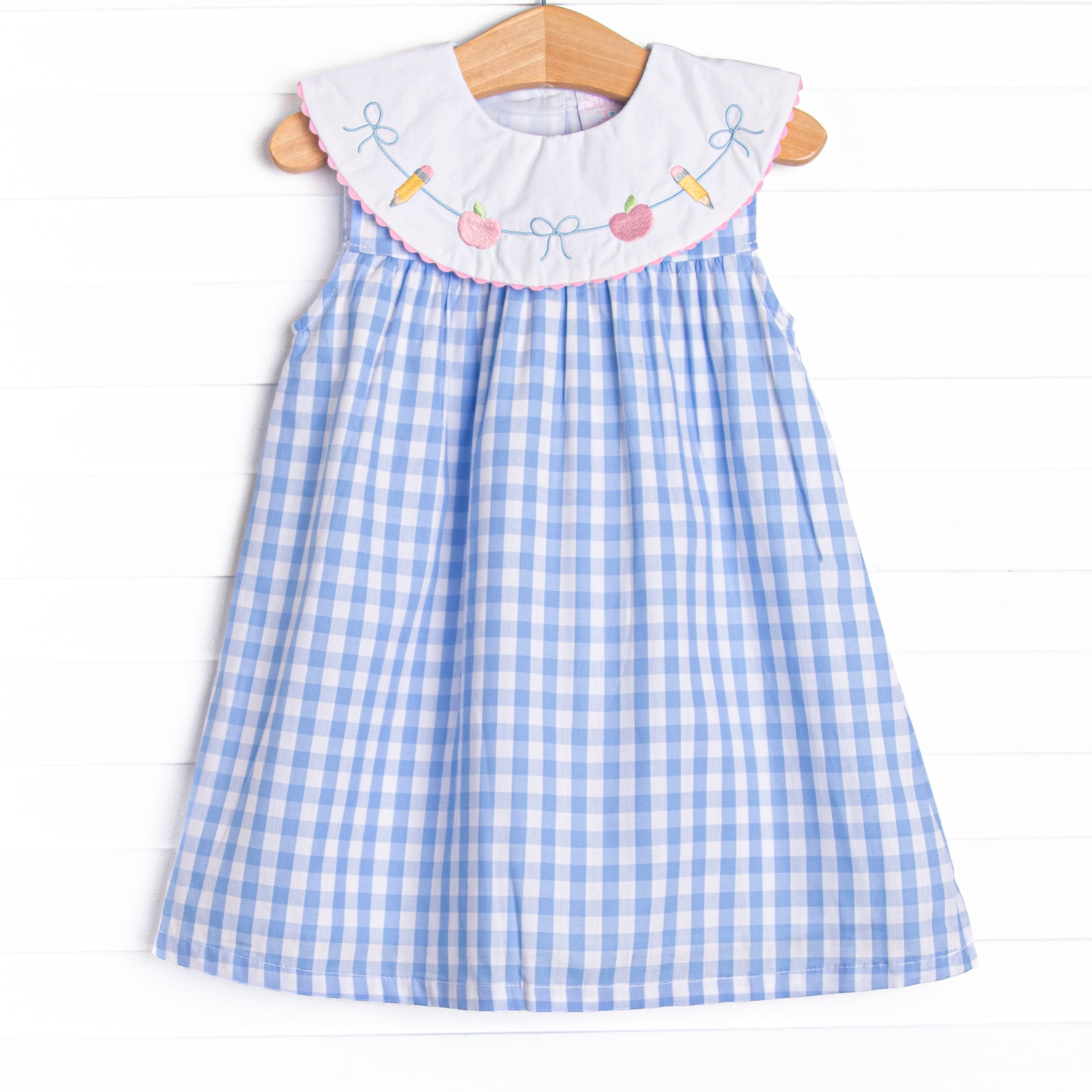 Girl's Back to School Banner Embroidered Dress in Blue size 7