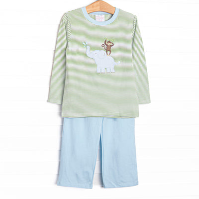 This set features a green striped print, blue trim, and a fun applique of an elephant and monkey. Coordinating blue pants to match.