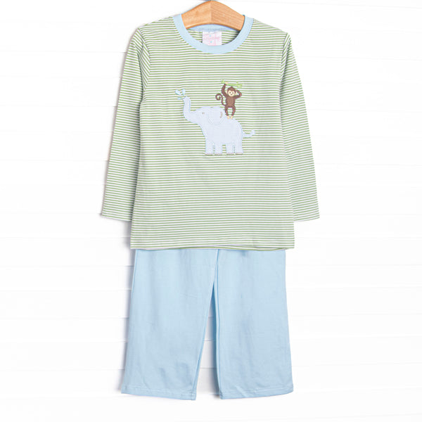 This set features a green striped print, blue trim, and a fun applique of an elephant and monkey. Coordinating blue pants to match.