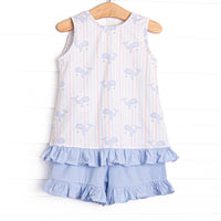 Blue Whale Waves Ruffle Short Set, Blue