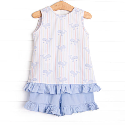 Blue Whale Waves Ruffle Short Set, Blue