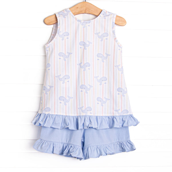 Blue Whale Waves Ruffle Short Set, Blue