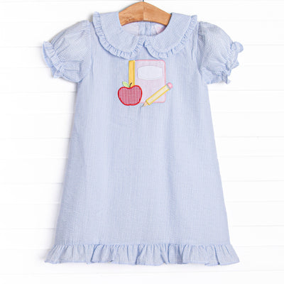 Composition Cutie Applique Dress, Blue Seersucker