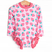 Very Strawberry Long Sleeve One Piece Rash Guard, Pink