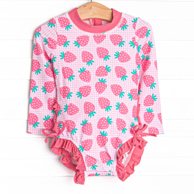 Very Strawberry Long Sleeve One Piece Rash Guard, Pink