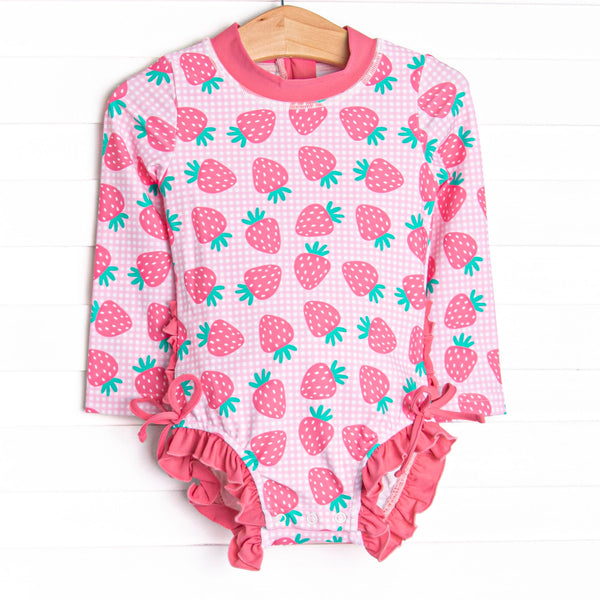 Very Strawberry Long Sleeve One Piece Rash Guard, Pink
