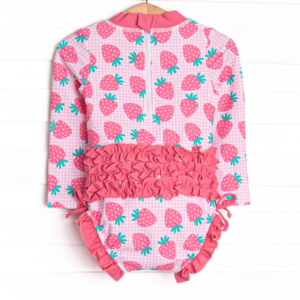 Very Strawberry Long Sleeve One Piece Rash Guard, Pink