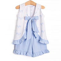 Blue Whale Waves Ruffle Short Set, Blue