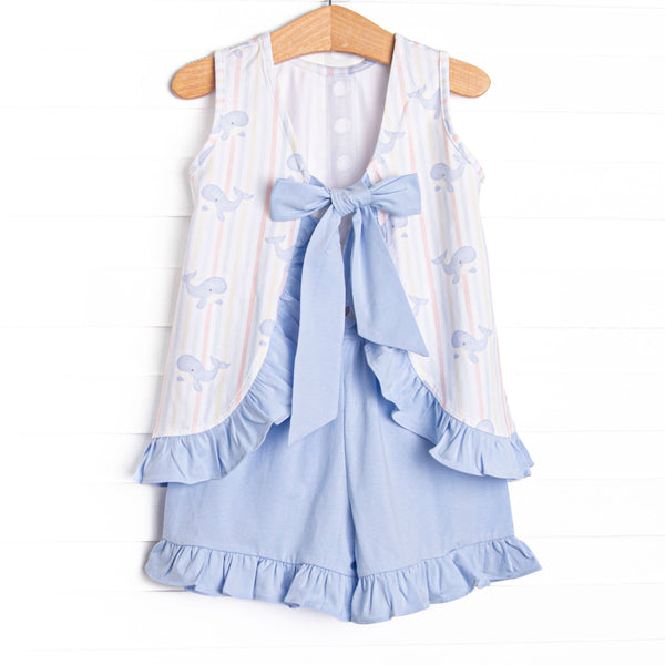 Blue Whale Waves Ruffle Short Set, Blue