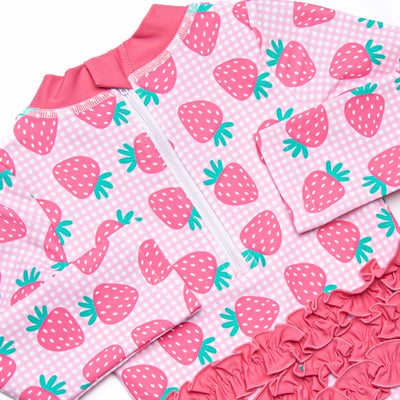 Very Strawberry Long Sleeve One Piece Rash Guard, Pink