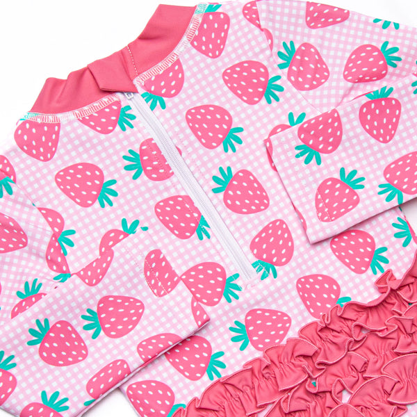 Very Strawberry Long Sleeve One Piece Rash Guard, Pink