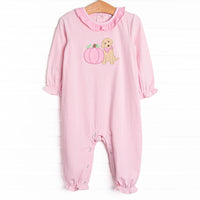 Pumpkin Pup Applique Ruffle Romper, Pink