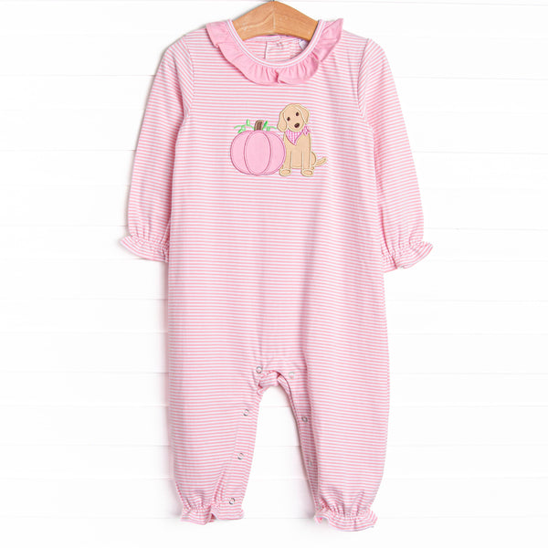 Pumpkin Pup Applique Ruffle Romper, Pink
