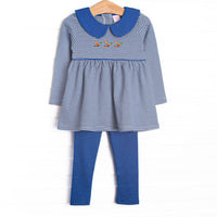  This precious set features blue stripes, a mallard embroidery, and the softest Pima cotton. Coordinating blue leggings to match. 