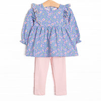  This set features a purple floral print, flutter details, and pink leggings to match. 