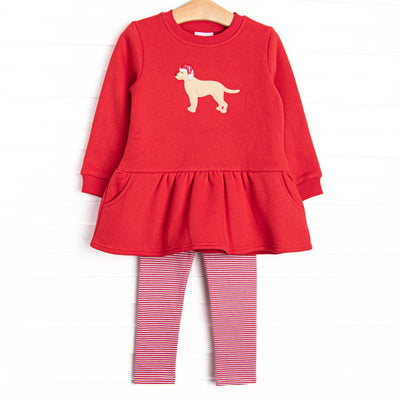 This set features a red sweatshirt material with a puppy santa applique. Coordinating red striped leggings to match.
