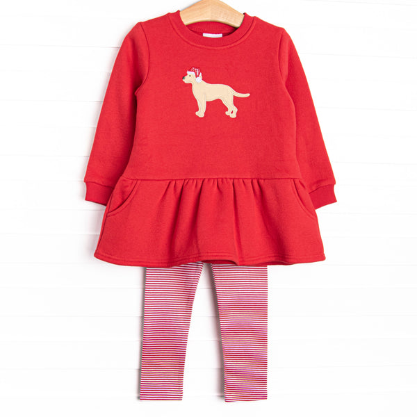 This set features a red sweatshirt material with a puppy santa applique. Coordinating red striped leggings to match.