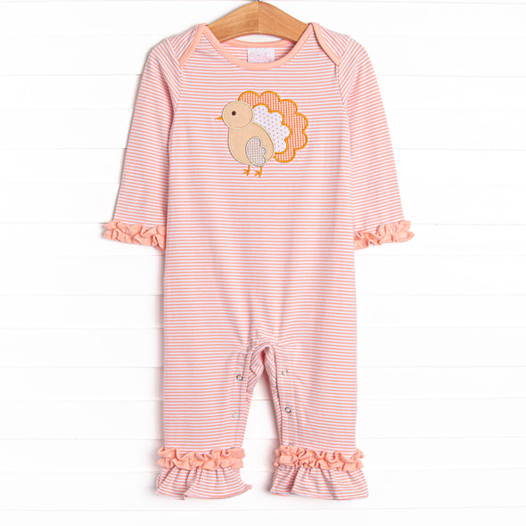 Rufflin' Feathers Applique Romper, Pink Stripe