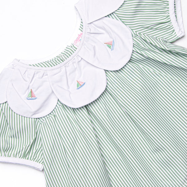Bayside Boats Embroidered Dress, Green