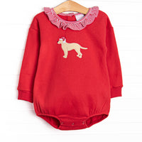 &nbsp;This bubble features a red sweatshirt material, snaps on the stride, and a puppy santa applique. 