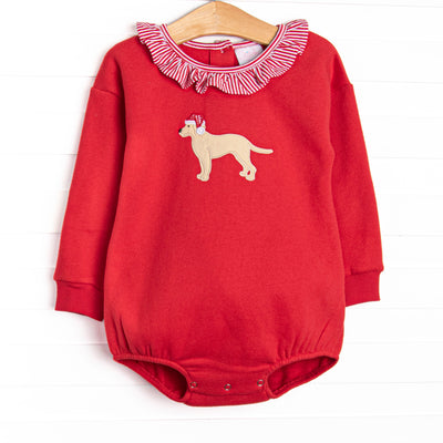 &nbsp;This bubble features a red sweatshirt material, snaps on the stride, and a puppy santa applique. 