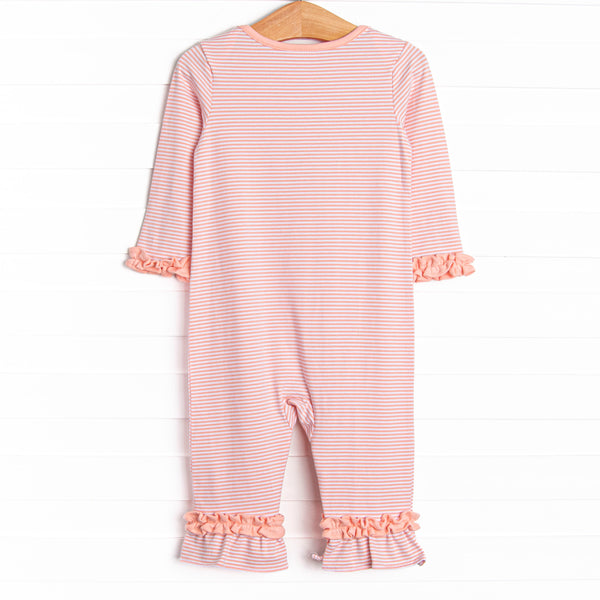 Rufflin' Feathers Applique Romper, Pink Stripe