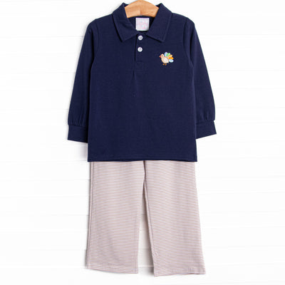 Turkey Timmy Embroidered Pant Set, Navy