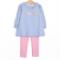 This set features blue gingham print, ruffle collar, and an applique of giraffe, elephant, and lion. Coordinating pink leggings to match