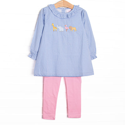 This set features blue gingham print, ruffle collar, and an applique of giraffe, elephant, and lion. Coordinating pink leggings to match