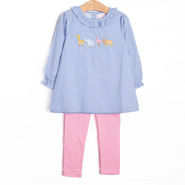 This set features blue gingham print, ruffle collar, and an applique of giraffe, elephant, and lion. Coordinating pink leggings to match