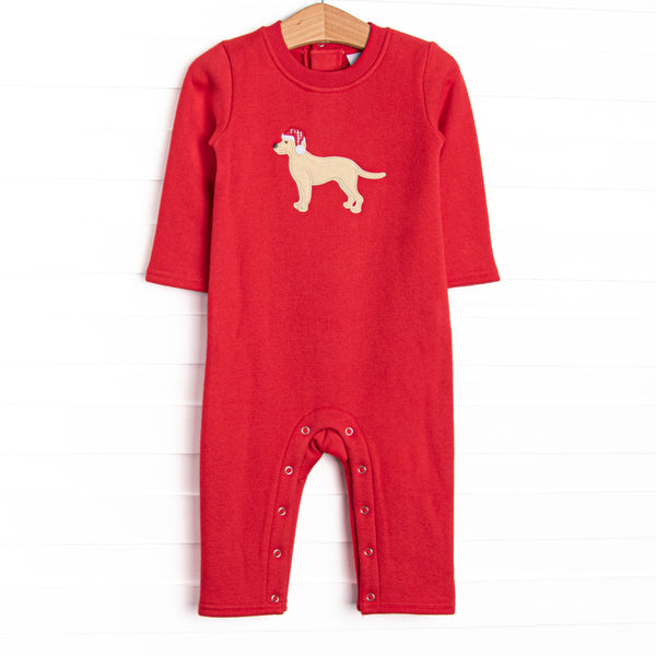 This romper features a red sweatshirt material, snaps on the stride, and a puppy santa applique.