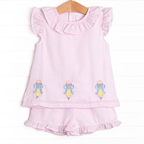 Pencil Me In Applique Ruffle Short Set, Pink Seersucker