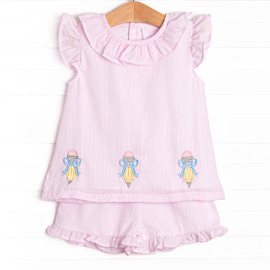 Pencil Me In Applique Ruffle Short Set, Pink Seersucker
