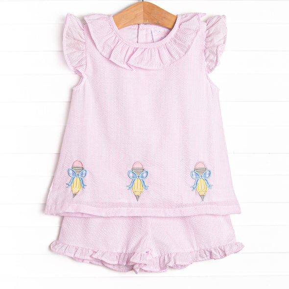 Pencil Me In Applique Ruffle Short Set, Pink Seersucker
