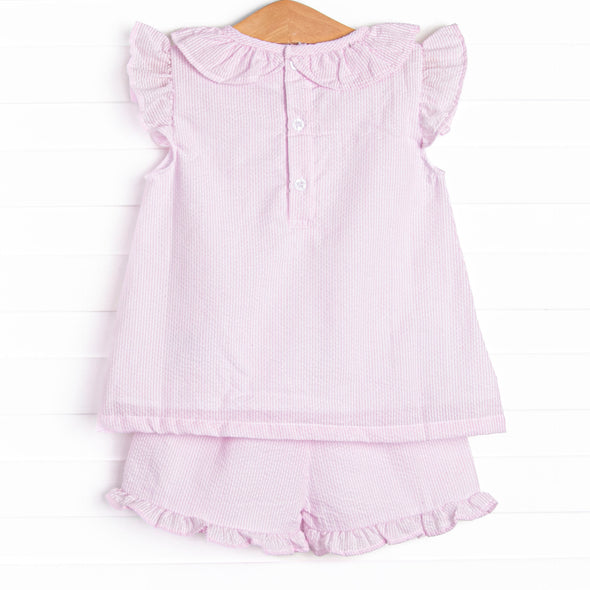 Pencil Me In Applique Ruffle Short Set, Pink Seersucker