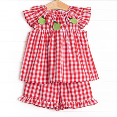Granny Smith Gingham Applique Ruffle Short Set, Red