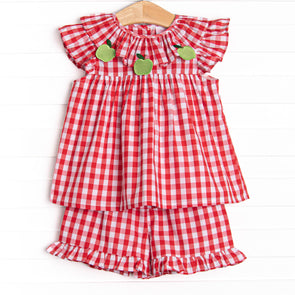Granny Smith Gingham Applique Ruffle Short Set, Red