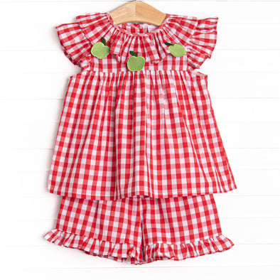 Granny Smith Gingham Applique Ruffle Short Set, Red