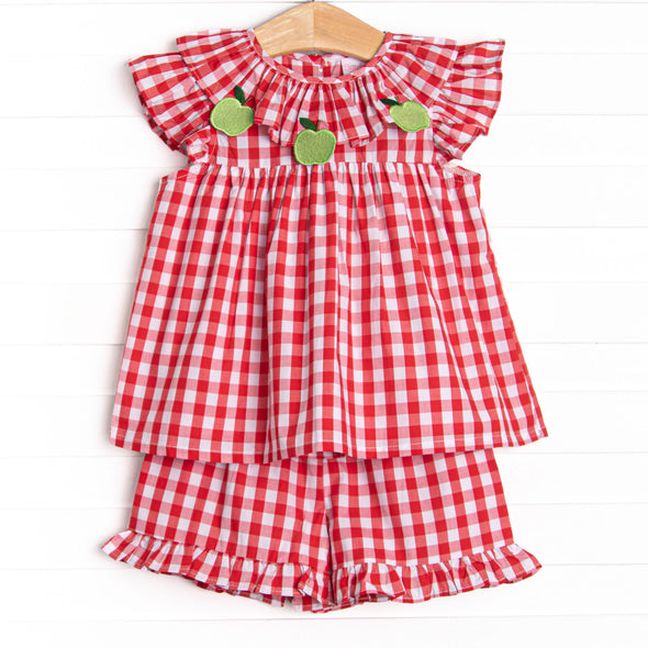 Granny Smith Gingham Applique Ruffle Short Set, Red