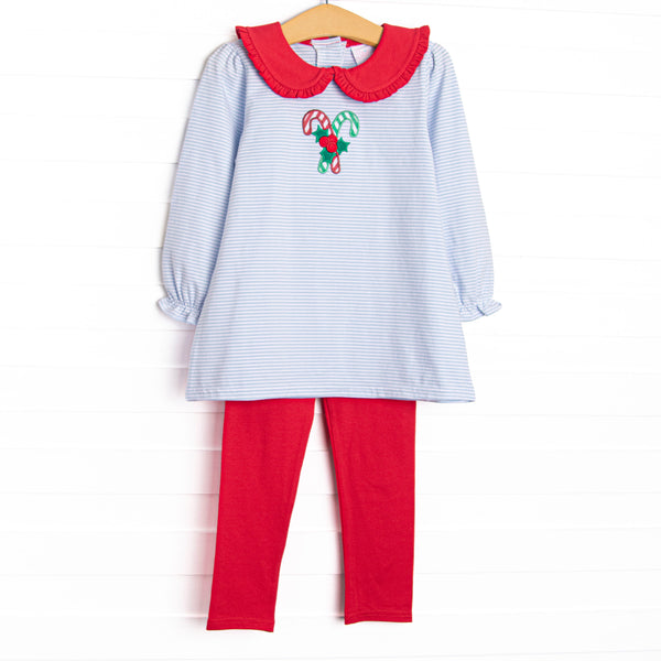 This set features a blue striped print, a peter pan collar, and a candy cane applique. Coordinating red leggings to match.