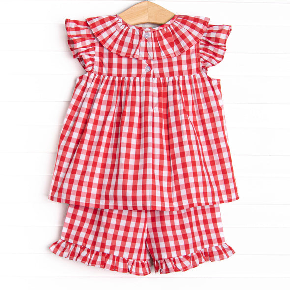Granny Smith Gingham Applique Ruffle Short Set, Red