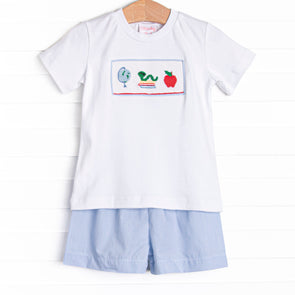 Global Studies Smocked Short Set, Blue Stripe